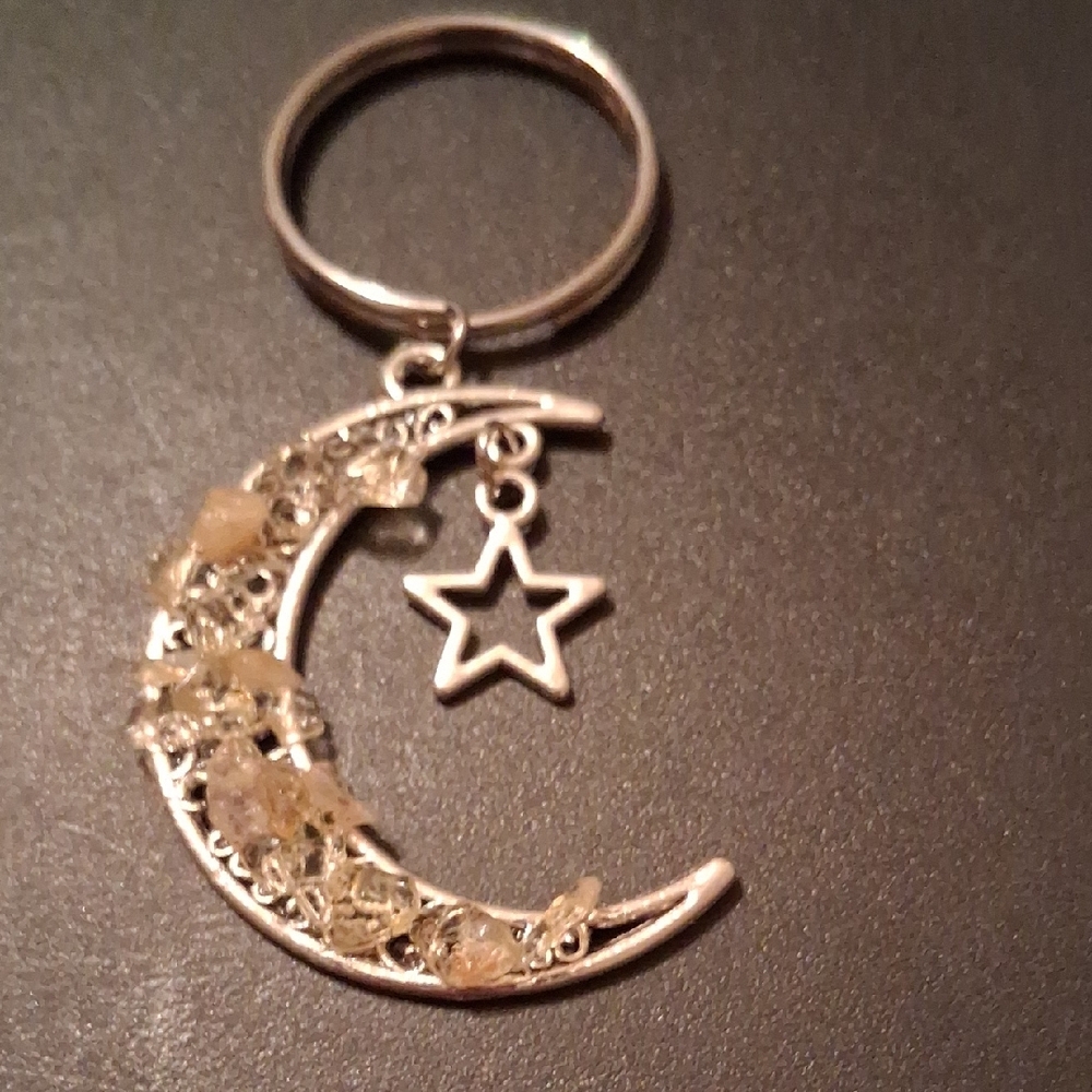 Silver Crescent Moon Keychain with Star Charm